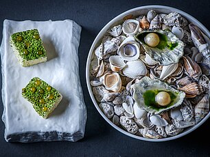 Feinspeise mit Austern auf Muscheln und grünem Biskuit mit Perlen dekoriert