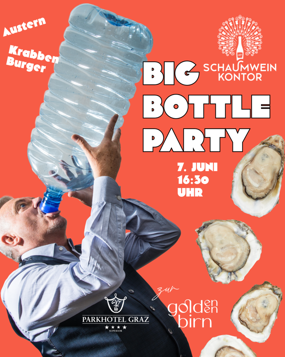 Mann trinkt aus großer Flasche, Austern Werbung für Big Bottle Party