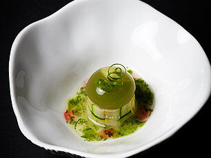 Gourmet-Vorspeise mit grüner Gelatin-Kuppel und Kräutern in weißer Porzellanschale